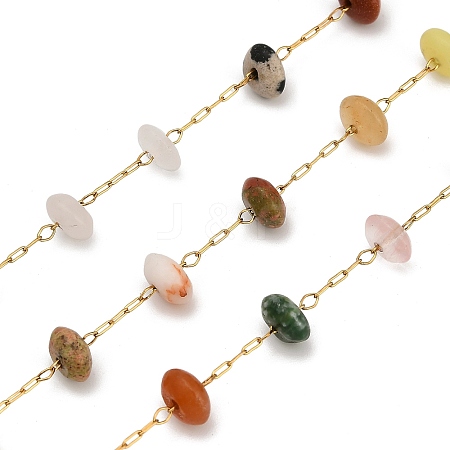 Handmade 304 Stainless Steel Mixed Stone Beads Rondelle Link Chains CHS-B011-09G-1