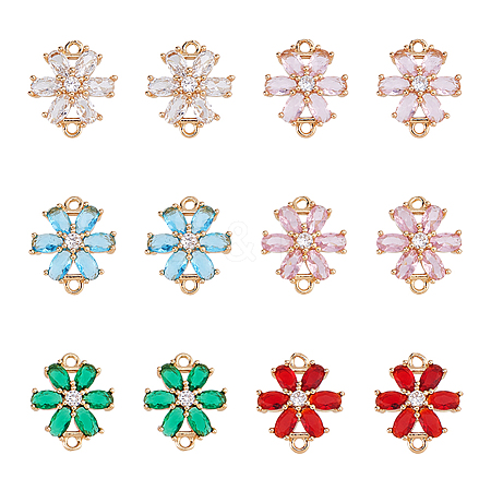 12Pcs 6 Colors Brass Pave Cubic Zirconia and Glass Flower Links Connector Charms KK-FH0008-41-1