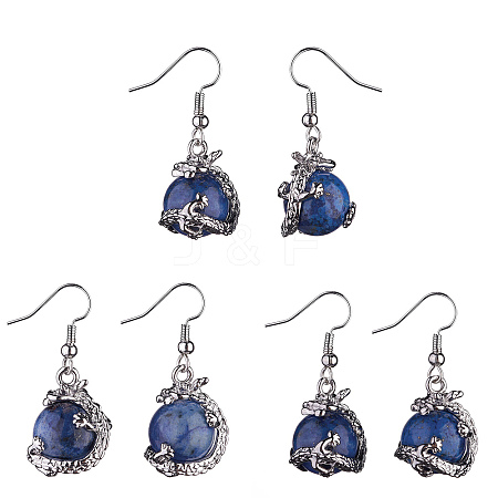 Natural Dyed Lapis Lazuli Dragon Dangle Earrings EJEW-A092-12P-06-1