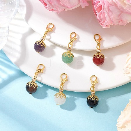 6Pcs Round Natural Black Onyx & Carnelian & Amethyst & Tiger Eye & Green Aventurine & White Jade Pendant Decorations HJEW-JM03831-01-1