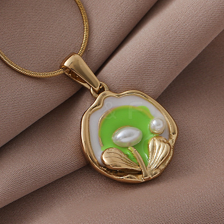 304 Stainless Steel Enamel with Imitation Pearl Flower Pendant Necklaces for Women DU2502-1