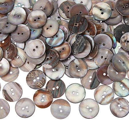 200Pcs 2-Hole Flat Round Natural Black Shell Buttons SHEL-HS0001-04-1