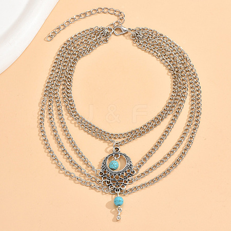 Bohemian Alloy with Synthetic Turquoise Teardrop Multi-Layered Chain Anklets for Women FS-WG424AC-01-1