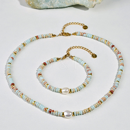 Natural Shoushan Stone & Freshwater Pearl & Brass Rondelle Beaded Necklaces & Beaded Bracelets Sets WG98AF4-01-1