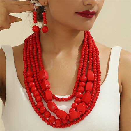 Wood Beaded Multilayer Necklaces & Dangle Earrings Sets WG1A9CE-04-1
