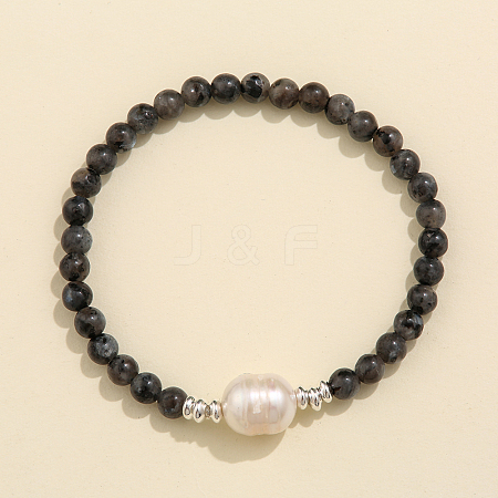 Natural Larvikite & Freshwater Pearl Bead Stretch Bracelets for Women EC3110-6-1