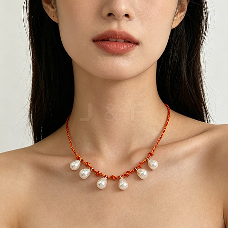 Imitation Pearl Teardrop Tassel Adjustable Braided Cotton Cord Necklaces for Women WGB1457-02-1