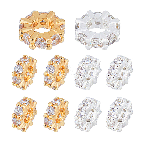 10Pocs 2 Colors Brass Micro Pave Clear Cubic Zirconia Spacer Beads KK-HS0001-53-1