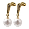 Rack Plating Brass Micro Pave Clear Cubic Zirconia & ABS Plastic Pearl Dangle StudEarrings for Women EJEW-G403-07G-1