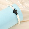 Dyed Synthetic Turquoise Black Religion Cross & Natural Pearl Rice Beaded Bracelets BJEW-JB14403-2