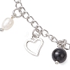Natural Black Agate(Dyed & Heated) & Natural Pearl & 304 Stainless Steel Heart Tassel Curb Chain Anklets AJEW-AN00697-4