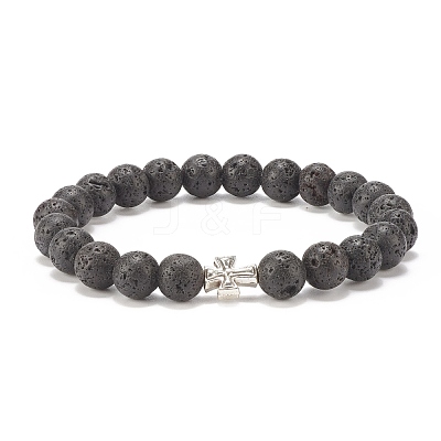 Natural Lava Rock Stretch Bracelet with Alloy Cross BJEW-JB08192-04-1