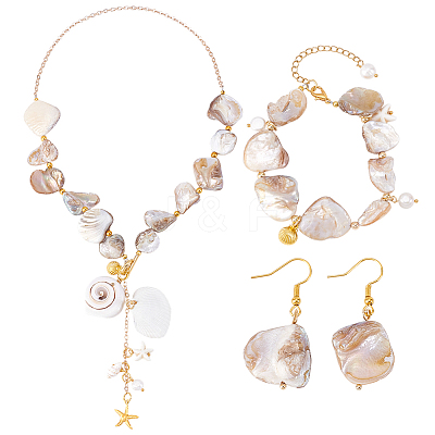 Natural Shell & Natural Cultured Freshwater Pearl Necklacrs & Dangle Earrings & Bracelets Set for Women SJEW-PH01393-01-1