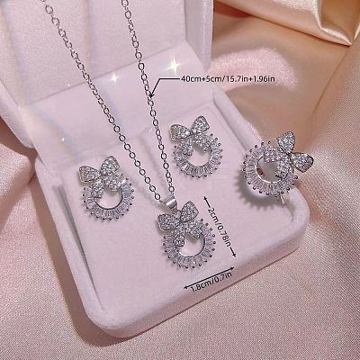 Bowknot & Ring Alloy Clear Cubic Zirconia Pendant Necklace & Stud Earring & Cuff Ring Sets FS-WG09EB0-01-1