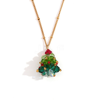 Glass Beaded Christmas Tree Pendant 304 Stainless Steel Satellite Chain Necklaces FS-WG4D061-02-1