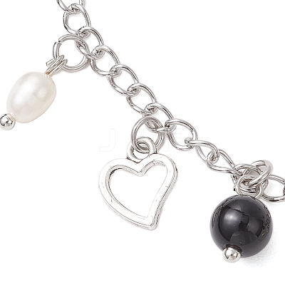 Natural Black Agate(Dyed & Heated) & Natural Pearl & 304 Stainless Steel Heart Tassel Curb Chain Anklets AJEW-AN00697-1