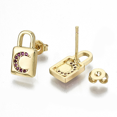 Brass Micro Pave Cubic Zirconia Padlock Stud Earrings EJEW-N011-27-NF-1