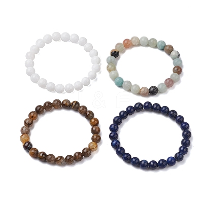 4Pcs Constellation 8mm Round Natural Lapis Lazuli & Malaysia Jade & Flower Amazonite & Yellow Tiger Eye Beaded Stretch Bracelets for Women BJEW-JB10638-1