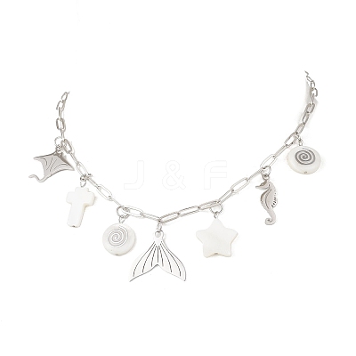 Alloy & Natural White Shell Pendant Brass Paperclip Chain Necklaces for Women NJEW-JN05406-02-1