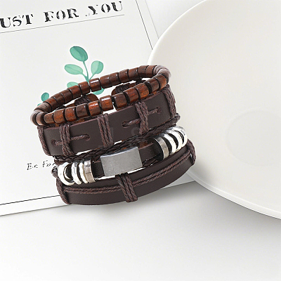 1Pc Cowhide & Imitation Leather Cord Knitted Multi-strand Bracelets AJEW-GF0011-50F-1