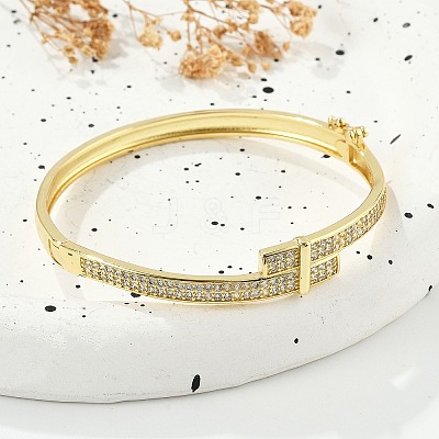 Brass Micro Pave Clear Cubic Zirconia Hinged Bangles for Women BJEW-K274-05G-1