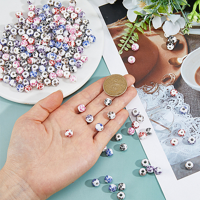 210Pcs 6 Styles Floral Printed Porcelain Beads PORC-DC0001-15-1