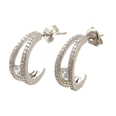 C-Shaped Brass Micro Pave Clear Cubic Zirconia Stud Earrings EJEW-C126-08P-1