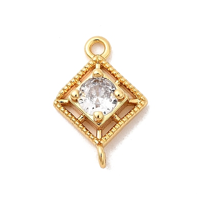Brass Pave Clear Cubic Zirconia Rhombus Connector Charms KK-P340-43G-1