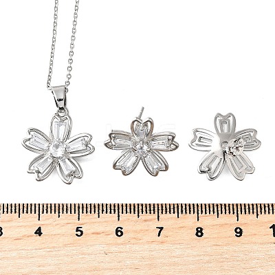 Flower Brass Micro Pave Cubic Zirconia Stud Earrings & Pendant Necklaces Sets SJEW-Z002-02P-1