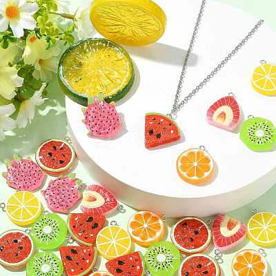 28Pcs 7 Styles Fruit Theme Spray Painted Opaque Resin Pendants RESI-FS0002-43-1