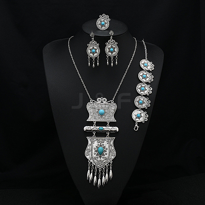 Flat Round Alloy with Resin Pendant Necklace & Stud Dangle Earring & Link Bracelet & Ring FS-WGB1F06-14-1