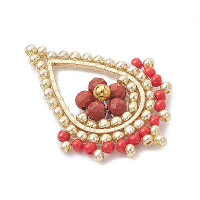 Faceted Round Natural Red Jasper & Glass Seed Beaded Pendants PALLOY-MZ01097-03-1
