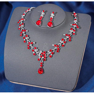 Teardrop Alloy Rhinestone Pendant Necklaces & Stud Dangle Earrings Sets FS-WGE9DA1-09-1