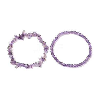 Chip & Round Natural Amethyst Beaded Stretch Bracelets for Women BJEW-JB10189-03-1