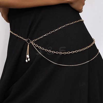 Alloy Cable Chain with Plastic Pearl Oval Bead Tassel Waist Belly Chains for Women FS-WG1E790-01-1