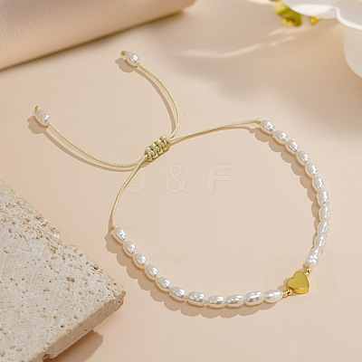 Bohemian Imitation Pearl Bead Braided Bead Bracelets for Women. with Non-magnetic Hematite Heart Charm RI6613-1