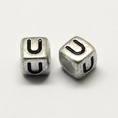Antique Silver Plated Large Hole Acrylic Letter European Beads PACR-Q099-01U-1