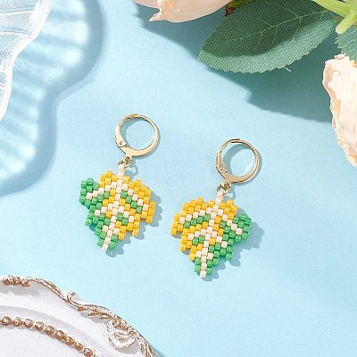 304 Stainless Steel Glass Seed Beads Leaf Hoop Earring & Stud Earring Sets EJEW-MZ00536-1