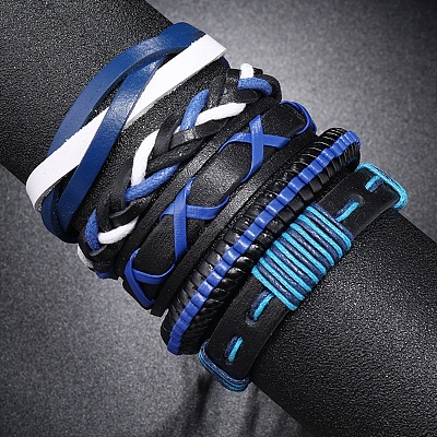 5Pcs 5 Style Adjustable Braided Imitation Leather Cord Bracelet Sets with Waxed Cord for Men BJEW-F458-01-1