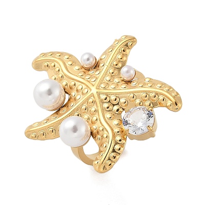 304 Stainless Steel Micro Pave Cubic Zirconia Plastic Pearl Cuff Rings RJEW-D310-02B-G-1