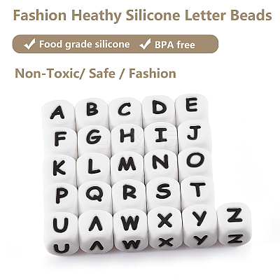20Pcs White Cube Letter Silicone Beads 12x12x12mm Square Dice Alphabet Beads with 2mm Hole Spacer Loose Letter Beads for Bracelet Necklace Jewelry Making JX432P-1