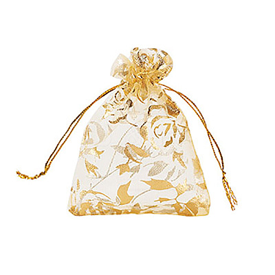 20Pcs Gold Stamping Rose Printed Organza Drawstring Bags OP-FP0001-01-1