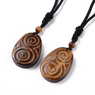 Adjustable Natural Tiger Eye Teardrop with Spiral Pendant Necklace with Nylon Cord for Women NJEW-L171-04A-1