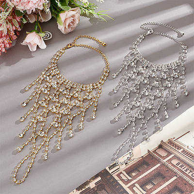 2Pcs 2 Colors Crystal Rhinestone Chain Tassel Ring Bracelets Set BJEW-AN0001-19-1