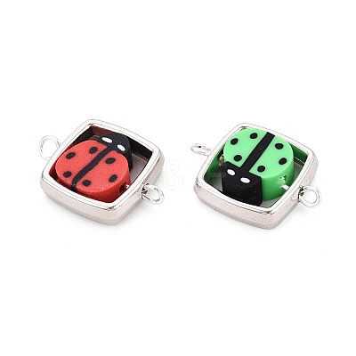 Polymer Clay Ladybug Beads with CCB Plastic Square Frame Connector Charms CLAY-T022-32M-1