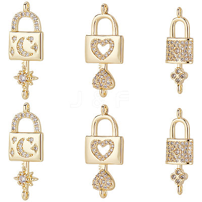 6Pcs 3 Styles Brass Micro Pave Clear Cubic Zirconia Connector Charms KK-BBC0002-94-1