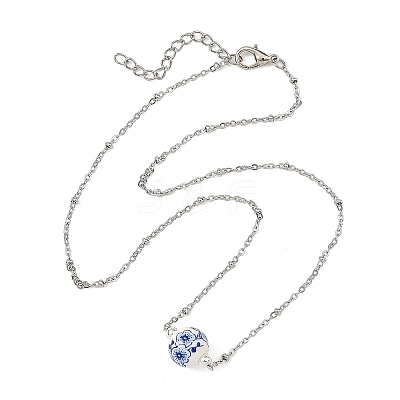 Handmade Flower Printed Porcelain Round Pendant 304 Stainless Steel Satellite Chain Necklaces for Women NJEW-JN06474-1