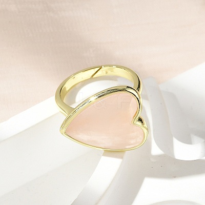 Heart Brass Natural Rose Quartz Finger Rings X-RJEW-D304-01G-B-1