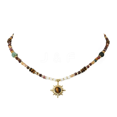 304 Stainless Steel Natural Tiger Eye Sun Pendant Round Natural African Turquoise(Jasper) & Faceted Mookaite & Shell Beaded Necklaces for Women NJEW-JN06091-1