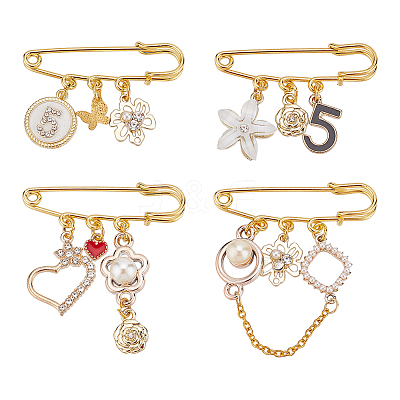 4Pcs 4 Style Flower & Heart & Number 5 Enamel Charms Safety Pin Brooches JEWB-BC0001-09-1